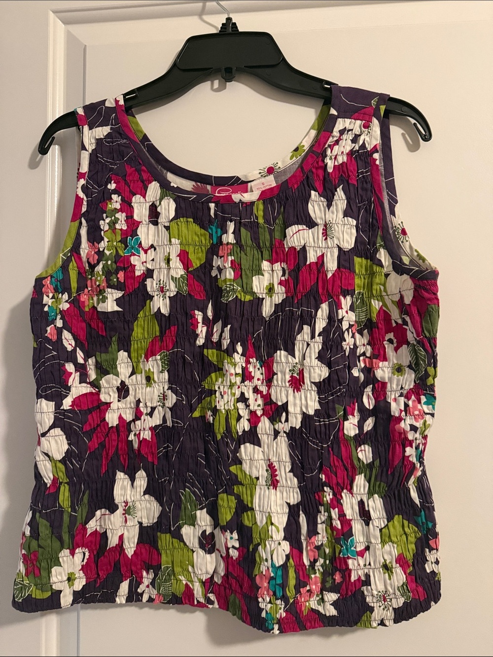 Pappagallo Floral Crinkle Tank Top Tropical Resort Sleeveless Blouse-size -S